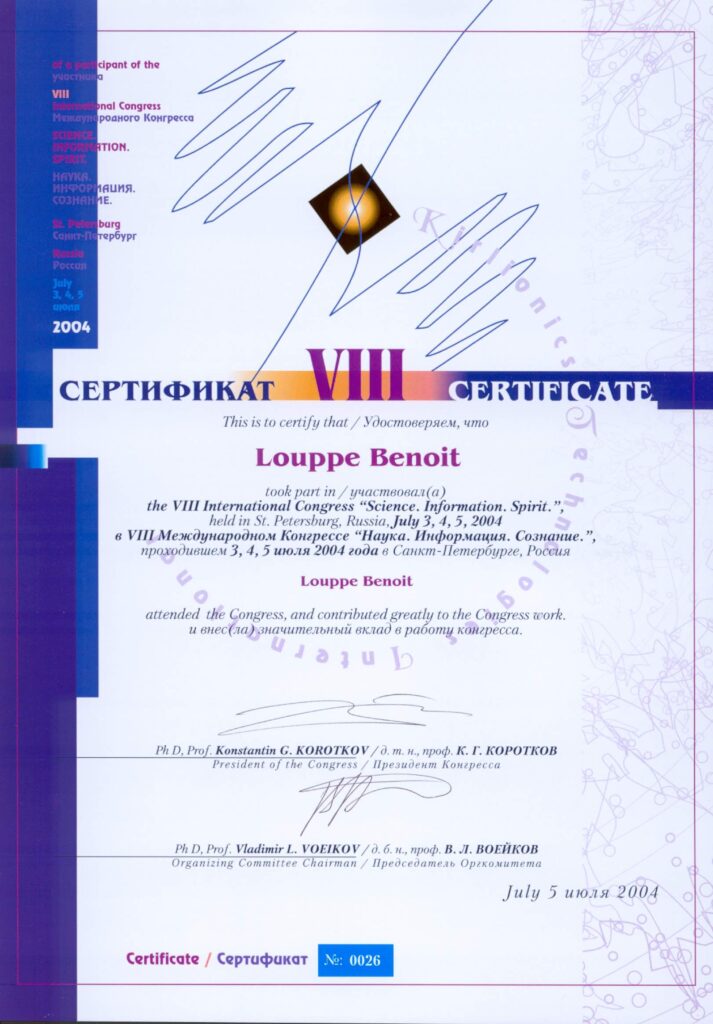Certificat obtenu lors du VIIIème congrès "Science, Information, Spirit" en 2004 à Saint Petersbourg (Russie) suite à une conférence donnée par Benoît Louppe (Etudes & Vie)